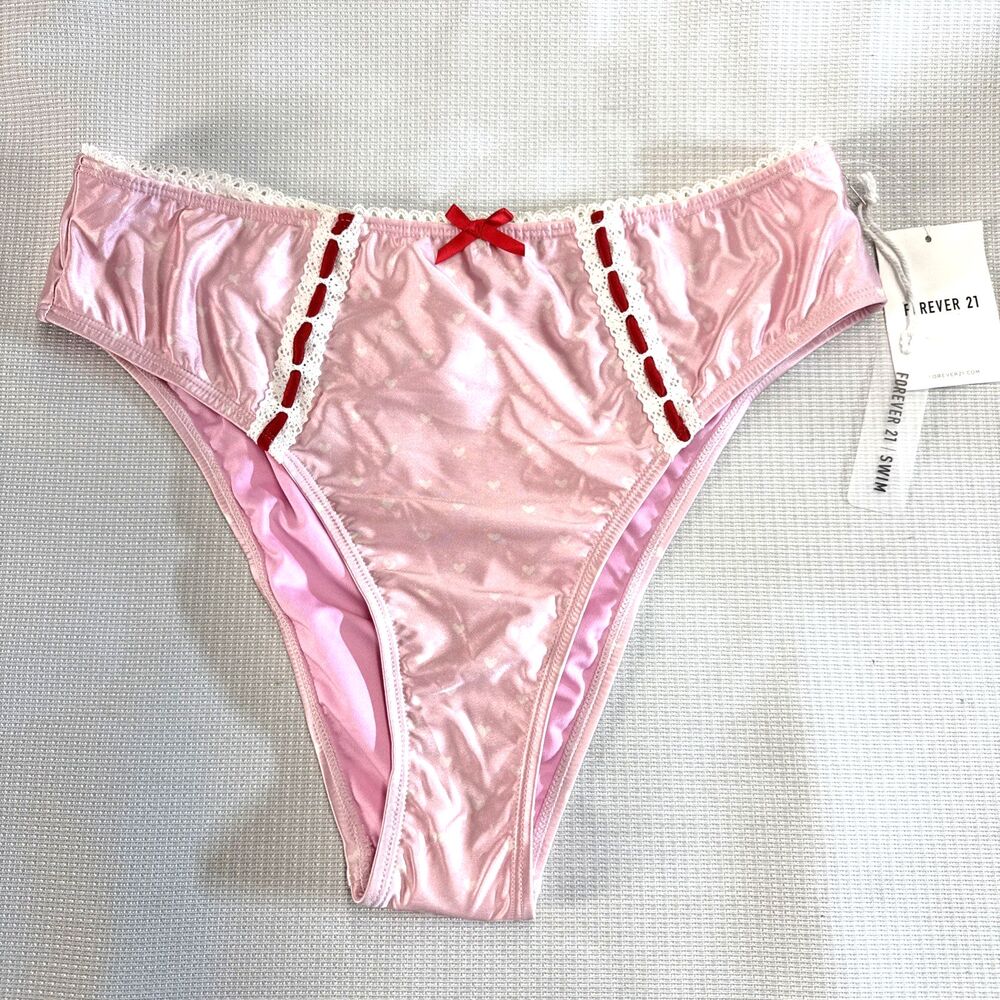 NWT Forever 21 Swim Bottoms XL Petal Pink White Lace Bow Hearts Cute Swimsuit